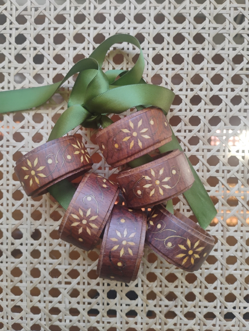 Handcrafted Wooden Napkin Rings with Floral Inlay